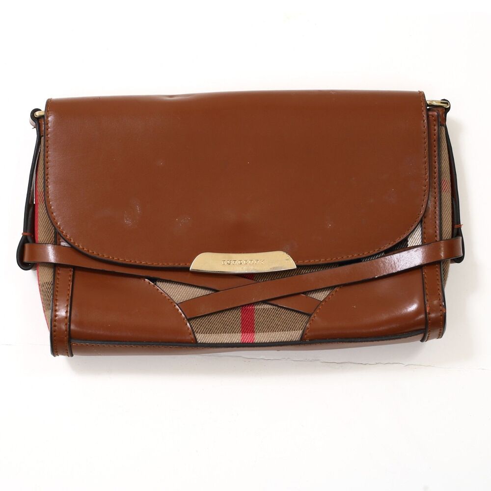 Burberry Bridle Abbott crossbody hand Bag Clutche Purse Leather Canvas Brown